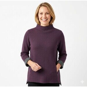 Tahari Side-Zip Mock Neck Sweater Size L Plum Purple Grey Cuffs 3/4 Sleeve EUC